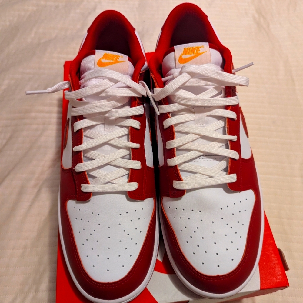 Nike Red and White Dunk Low Retro Athletic Shoes